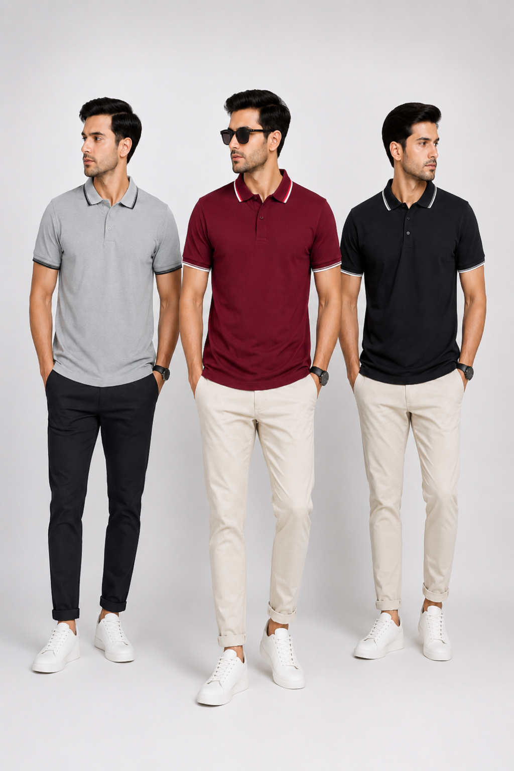 Primo Knit Dotcell Polo T-Shirts Combo Pack of 3 – Light Grey, Maroon & Black